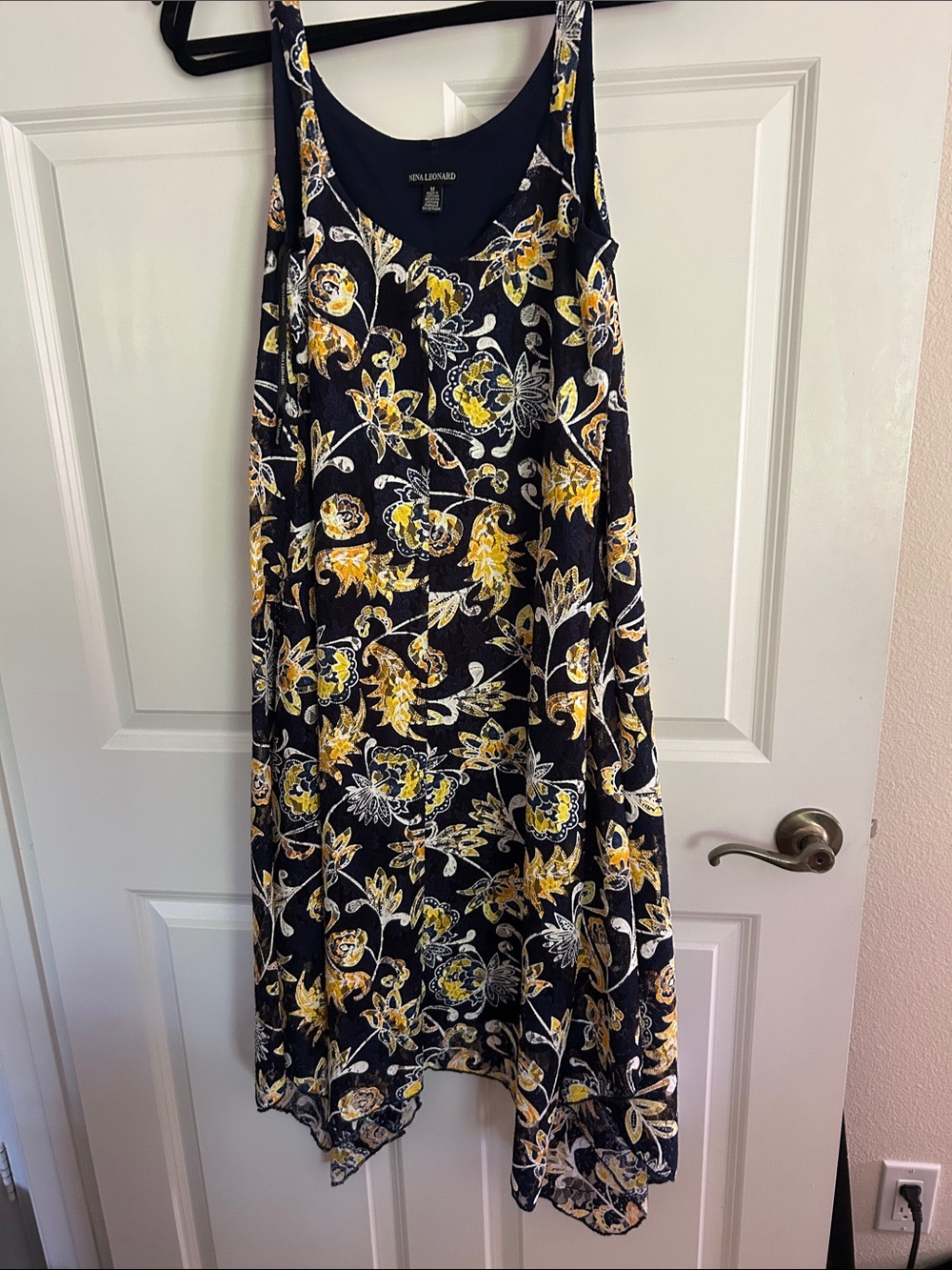 Nina Leonard Navy Maxi Dress with Yellow and White Floral Print